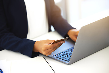 Image showing Credit card, computer and business man hands of online shopping, financial payment and banking or loan in office. Professional person typing on laptop, digital transaction or bank fintech or website