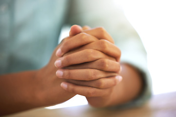 Image showing Prayer, hands together and woman in faith, religion and hope for career opportunity or job search. Praying hand, sign or emoji of christian person with worship, charity and gratitude for ngo business