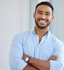 Image showing Auditor, portrait and business man with arms crossed in office, workplace or company. Face, confidence and happy Asian male professional, entrepreneur or accountant from Singapore with career pride.