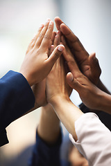 Image showing High five, celebration and hands of business people for team building, meeting or collaboration. Unity, diversity and closeup of group of employees with success, achievement or teamwork to celebrate.