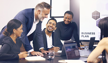 Image showing Collaboration, meeting and planning with a business team laughing in the boardroom during a strategy workshop. Diversity, teamwork and funny with a group of colleague in the office for brainstorming