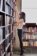 Image showing Woman, library and bookshelf for reading, knowledge or learning literature at the book store. Female person or academic student taking books off shelf at bookstore for studying, research or education