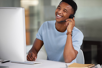 Image showing Call center, laughing man and computer for customer service call, support and crm website. Happy black male person, consultant or agent with a headset for help, sales and telemarketing with internet