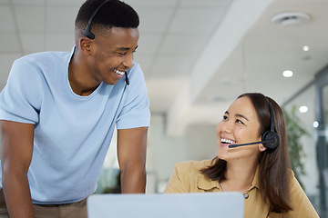 Image showing Call center, help and customer service agents in discussion on crm communication in the office. Contact us, headset and telemarketing consultants working on online consultation together in workplace.