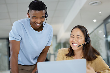 Image showing Telemarketing, customer support and manager helping an agent with crm communication in the office. Contact us, headset and call center consultants working on online consultation together in workplace