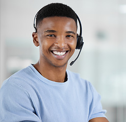 Image showing Portrait, customer service and arms crossed with a black man consultant standing in his office for support. Call center, contact us and trust with a happy male telemarketing employee in the office