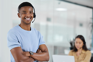 Image showing Portrait, call center and arms crossed with a black man consultant standing in his office for support. Customer service, contact us and trust with a happy male telemarketing employee in the office