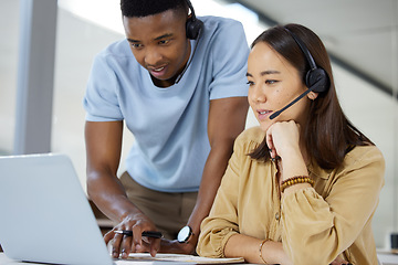 Image showing Call center, customer service and manager helping a consultant with crm communication in the office. Contact us, headset and telemarketing agents working on online consultation together in workplace.