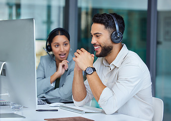 Image showing Business man, call center talk and web support staff at a computer in a office. Phone conversation, smile and male worker with contact us, crm and customer service job in a consulting agency with pc