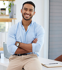 Image showing Portrait, writer and business man with arms crossed in office, workplace or company. Face, confidence and happy Asian male professional, entrepreneur or copywriter from Singapore with success mindset