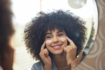 Image showing Morning, cream and skincare with woman in mirror for product, facial and cosmetics. Beauty routine, reflection and self care with face of female person and lotion at home for sunscreen and glow