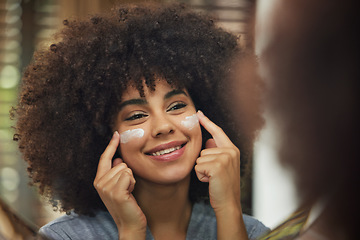 Image showing Self care, cream and skincare with woman in mirror for product, facial and cosmetics. Morning routine, reflection and beauty with face of female person and lotion at home for sunscreen and glow