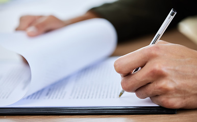 Image showing Signature, writing and hands with a contract for recruitment, onboarding or business. Planning, investment and a person legal paperwork, application agreement and signing a plan at a desk for work