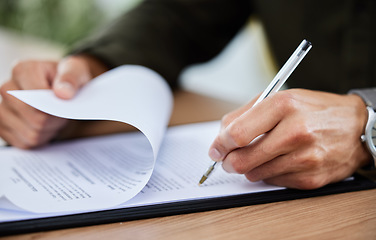 Image showing Documents, writing and hands with a contract for recruitment, onboarding or business. Planning, investment and a person with signature for legal paperwork, agreement and signing a plan at a desk