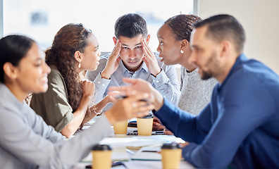 Image showing Group, headache and business man with stress, meeting and conversation for brainstorming, overworked and burnout. Male person, employee and staff with chaos, manager with a migraine and frustrated