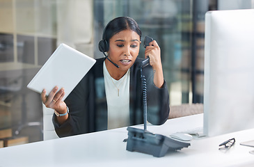 Image showing Stress, telephone and phone call with business woman in office for negotiation, frustrated and deadline. Anxiety, mental health and angry with customer service agent for problem, pressure and crm