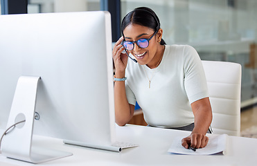 Image showing Happy woman, headset or call center customer service consultant talking on online consultation in office. Girl virtual assistant, contact us or telemarketing agent with microphone for communication