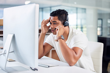 Image showing Stress, mistake and call center agent working on a crm online consultation in the office. Contact us, fail and upset male customer service or telemarketing consultant with a headset and computer.