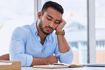 Image showing Tired, sleeping and business man in office for fatigue, exhausted and overworked. Mental health, burnout and frustrated with male employee napping at desk for problem, overtime and stress