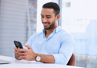 Image showing Smile, phone and search with business man in office for technology, communication and networking. Contact, connection and internet with male employee browsing online for technology and social media