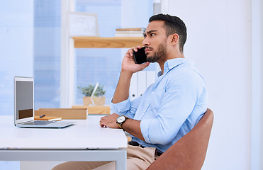 Image showing Phone call, entrepreneur and businessman talking to a contact, networking and mobile communication in an office. Corporate, employee and man or professional in conversation using a smartphone