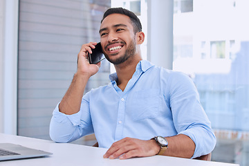 Image showing Business man, phone call and networking in the office with smile from corporate consultation. Auditor, male employee and online consulting of a financial worker talking at a desk with confidence