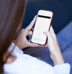 Image showing Hands, woman and closeup of phone with mockup space for advertising, marketing or product placement. Technology, communication and female browsing or networking on cellphone with blank screen mock up