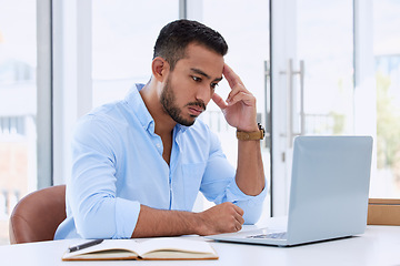 Image showing Stress, focus and laptop with business man in office for research, planning and depression. Anxiety, mental health and fatigue with depressed male employee at desk for tired, headache and burnout