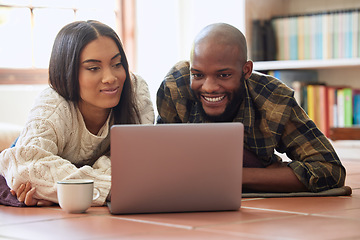 Image showing Relax, laptop and watching movie with couple on floor for streaming service, subscription and social media. Internet, technology and film with black man and woman at home for happy, network and date