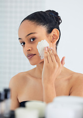 Image showing Skincare, mirror and woman with mask in bathroom for face cosmetics, self care and morning routine. Cleaning, beauty and female person with lotion, facial cream and dermatology for aesthetic detox