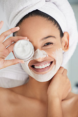 Image showing Shower, happy woman and portrait with mask, jar and skincare product in bathroom for aesthetic cosmetics and. Cleaning, beauty and female person with container, face cream and towel for dermatology