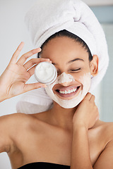 Image showing Shower, happy woman and towel with mask, jar and skincare product in bathroom for face, cosmetics and self care. Cleaning, beauty and female person with container, facial cream and detox dermatology