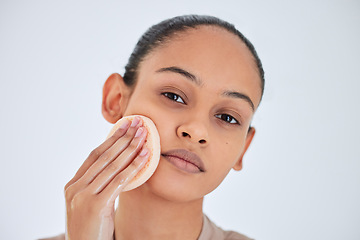 Image showing Beauty, face and portrait of woman doing a scrub for skincare, self love and cosmetic care for natural skin. Wellness, cleaning and young female person clean or grooming isolated in white background