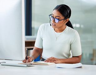 Image showing Crm support, woman writing and call center staff in a office with telemarketing information. Worker, computer and document consultant of a phone agent learning about online company process at desk