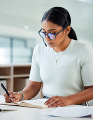 Image showing Crm, woman consultant and call center writing in a office with telemarketing information. Female worker, management and document approval of a phone agent learning about company process at desk