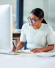 Image showing Crm consultant, woman writing and call center staff in a office with telemarketing information. Worker, online management and document of a phone agent learning about company process tech at desk