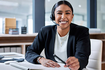 Image showing Contact us, call center portrait and business woman with headset and phone consultation. Crm, telemarketing and web support employee with customer service worker and consultant work in agency office