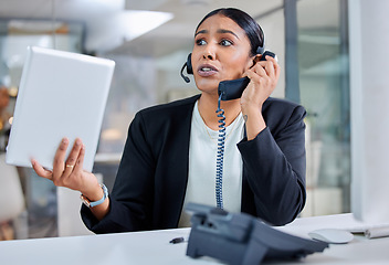 Image showing Stress, phone call and frustrated with business woman in office for negotiation, fear and deadline. Anxiety, mental health and angry with customer service agent for problem, pressure and crm