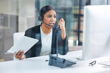 Image showing Stress, phone call and receptionist with business woman in office for negotiation, frustrated and deadline. Anxiety, mental health and angry with customer service agent for problem, pressure and crm