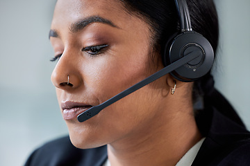 Image showing Contact us, call center job and business woman with headset and phone consultation. Crm, telemarketing and web support employee with customer service worker and consultant work in a agency office