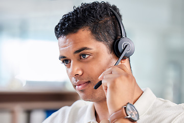 Image showing Focus, serious and male call center consultant working on online consultation in the office. Confidence, contact us and man customer service or telemarketing agent with headset for crm communication.