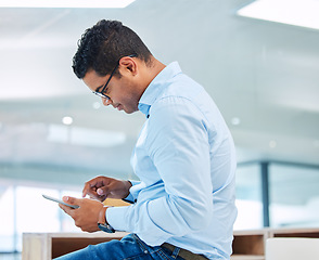 Image showing Business man, tablet and browsing in office for internet connection, planning and research information. Male employee, digital technology and reading website, online data and project update on app