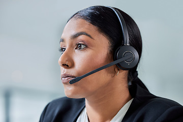 Image showing Contact us, call center and business woman face with headset and phone consultation. Crm, telemarketing and web support employee with customer service worker and consultant work in a agency office