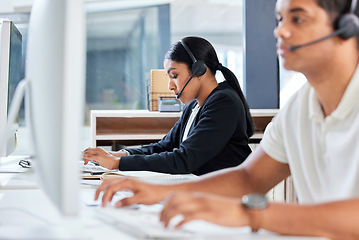 Image showing Call center, customer support and female consultant in the office with crm communication. Contact us, technology and woman telemarketing agent or advisor working on online consultation with a headset