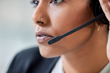 Image showing Crm, call center and business woman face with headset and phone consultation. Contact us, telemarketing and web support employee with customer service worker and consultant work in a agency office