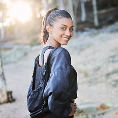 Image showing Fitness, nature or portrait of happy girl running in training, exercise or workout for wellness. Runner, motivation or healthy sports woman on exercising break in forest, park or woods with smile