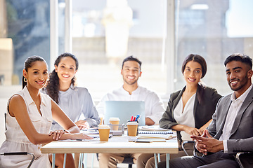 Image showing Business people, portrait and group with smile, meeting and teamwork for collaboration at insurance agency. Men, women and diversity in modern office with happiness, planning and strategy with team