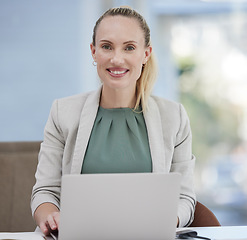 Image showing Laptop, portrait and business woman working at her desk for office planning, digital agency and HR management. Human Resources professional, employee or happy face person on her computer technology