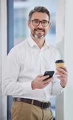 Image showing Phone, coffee and portrait of business man in communication, chat and corporate networking or planning. Professional entrepreneur, CEO or senior person on mobile app, internet or connection in office