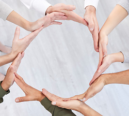 Image showing Circle, teamwork and synergy of people hands in collaboration, workflow and group or team building from above. Integration, formation and support, cooperation or community of women and men connection